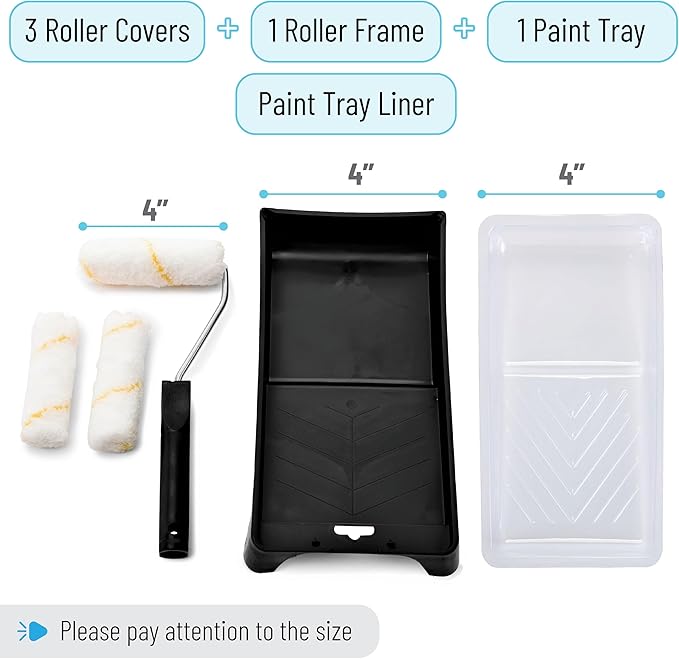 Bates- Paint Tray Set, 6 pcs, 4-Inch Paint Roller Kit, Small Paint Roller Paint Brush