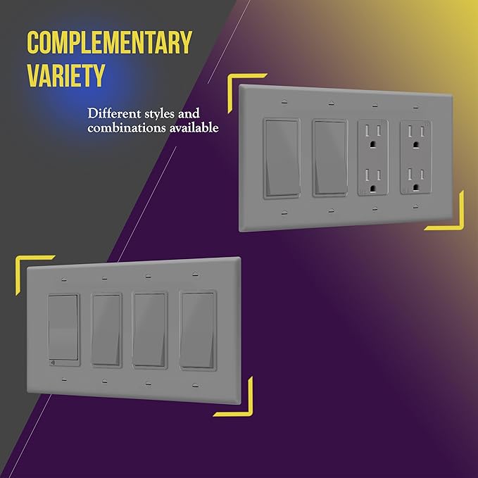 ENERLITES Quadruple Decorator Switch Cover, Four Gang Outlet Wall Plate, Gloss Finish, Mid-Size 4-Gang 4.88" x 8.58", Unbreakable Polycarbonate Thermoplastic, UL Listed, 8834M-GY, Gray