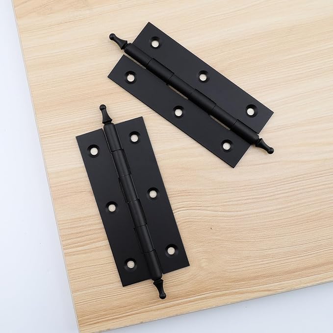 Mcredy Cabinet Hinges 3.5 Inch Matte Black Brass Door Hinges with Ball Finials Retro Style Gate Butt Hinge for Doors Office Hotel Bedroom, 2 Pcs
