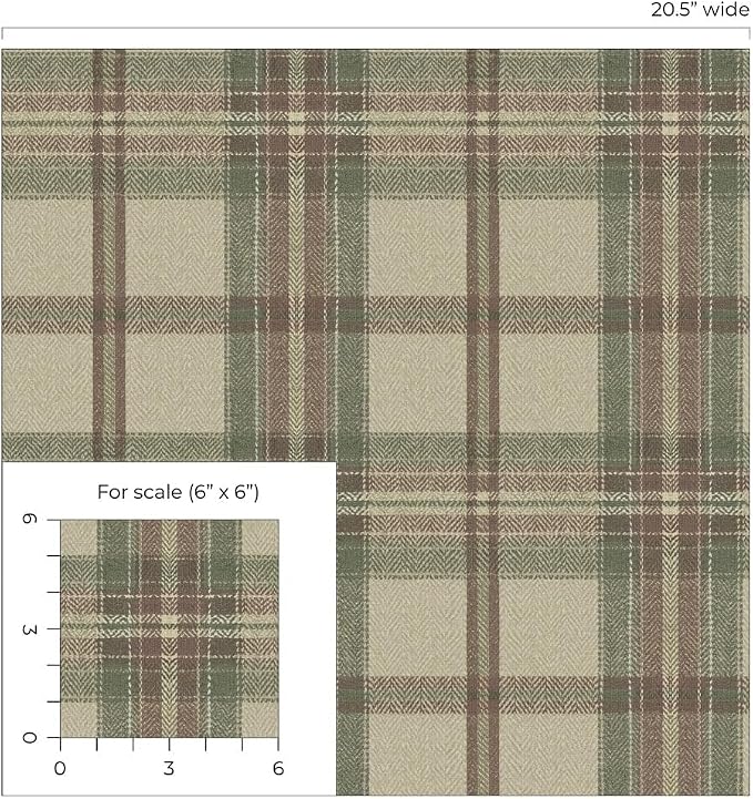 NextWall Harry & Grace Herringbone Plaid Premium Matte Non-Woven Peel and Stick Wallpaper (Clay & Sage)