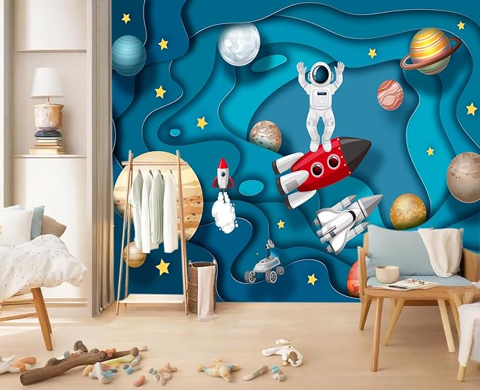 YIHWM-Peel and Stick Cartoon Planet Wallpaper Outerspace Astronaut Mural | Tear-resistant,with a substantial feel;Will not be damaged during repositioning.Boy's Room,kids room wallpaper.L-137"x96"