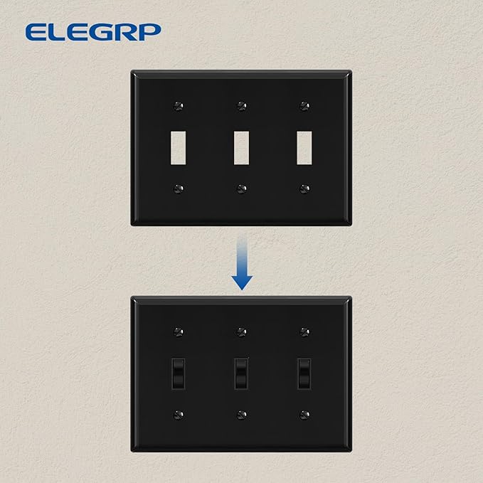 ELEGRP 3-Gang Toggle Switch Wall Plates, Standard Size 4.53" H x 6.39" L Thermoplastic Faceplate Cover for Toggle Dimmer Light Switches, UL Listed (2 Pack, Glossy Black)