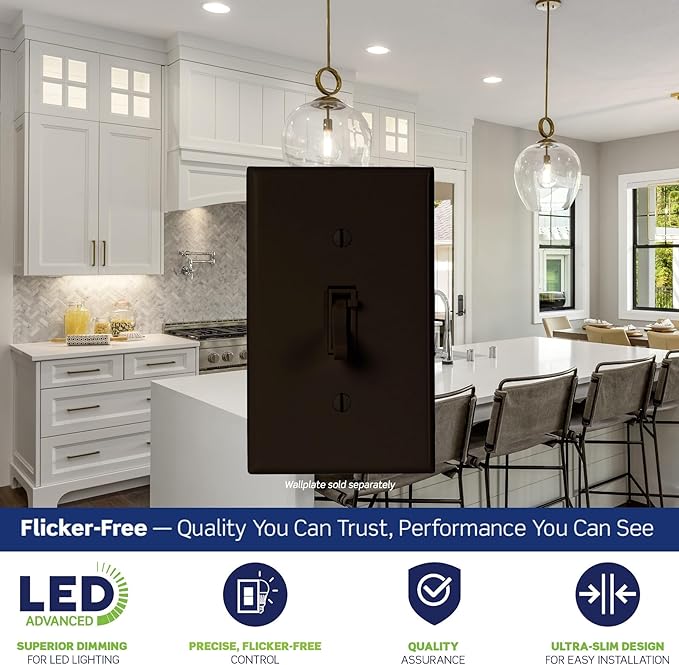 Leviton Toggle Slide LED Advanced Dimmer Switch for 150W Dimmable LED, Halogen and Incandescent Bulbs and Fixtures, TSL01-10B, Brown