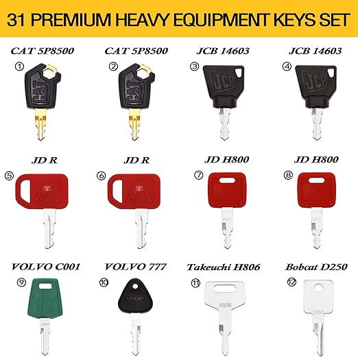 YASASHII 31 Heavy Construction Equipment Key Set fits Cat, JD, Case, Komatsu, Hyster, Kubota, JCB, Bobcat, Daewoo, JLG, Toyota & More