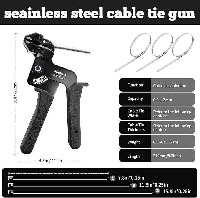 157PCS Heavy Duty 304 Stainless Steel Cable Tie Gun Kit, Includes 150PCS Metal Zip Ties(3 Sizes), Self-Locking, UV & Corrosion Resistant, for Fence, Exhaust Pipe, Chicken Coop, Farm Use
