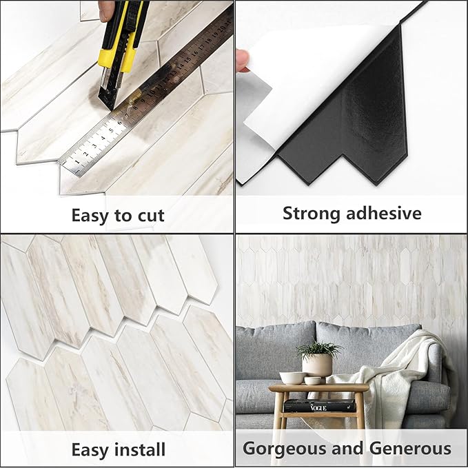 Vamos Tile 1 Sheet Glossy Wood Marble Grain Backsplash Tile Peel and Stick, 12.8 x 12.8 Inch Long Hexagon PVC Self Adhesive Mosaic Wall Tiles Stick on Backsplash for Kitchen,Bathroom,Fireplace