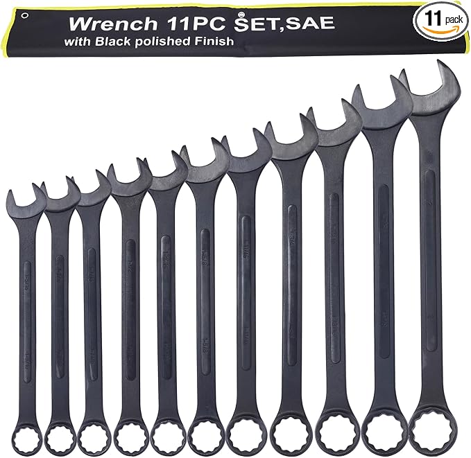 11PC Jumbo Combination Wrench Set, SAE, 1-5/16'' to 2 inch, Extra Large Combination Wrench Sets, Black Oxide Finish with Pouch (11PC-SAE)