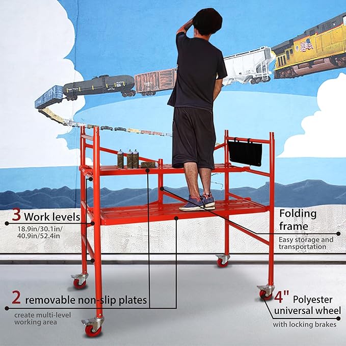 LEADALLWAY Portable Rolling Scaffolding Platform 4 Foot High Mobile Baker Scaffolding 770 LBS Capacity with Locking Wheels and Tool Bag, Red