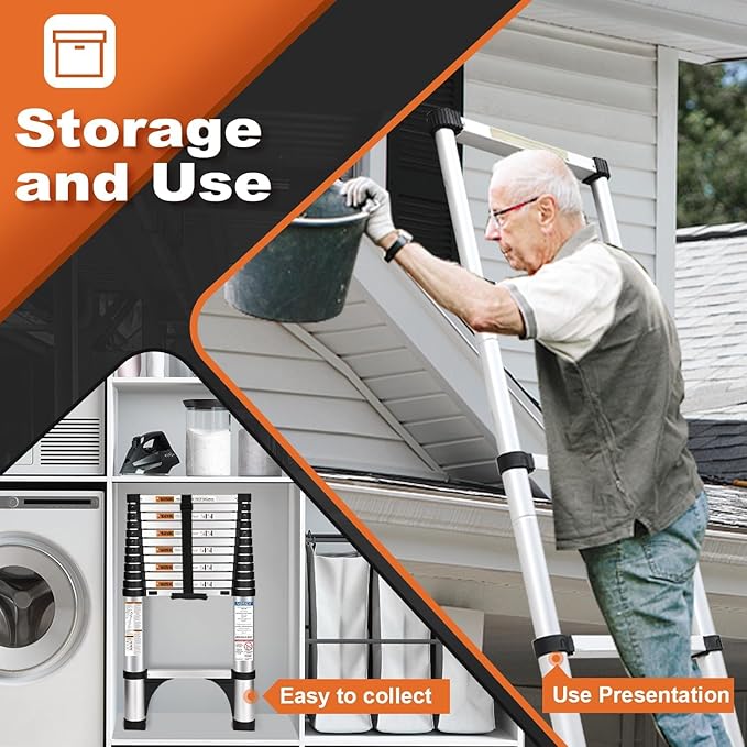 Soctone Telescoping Ladder, 10.5 FT Button Retraction Aluminum Extension Ladder with 2 Triangle Stabilizers, Multi-Purpose Ladder with Slow Down Design, 330lbs Max Capacity for House Daily Life