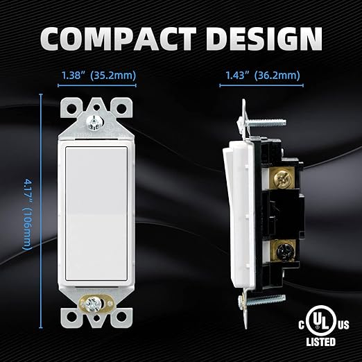 ELEGRP Matte White 3 Way Decorative Light Switch, 15Amp, 120-277 Volt, AC Decors Rocker Paddle Wall Switch Replacement, Self-Grounding, Residential and Commercial Grade, UL Listed (5 Pack)