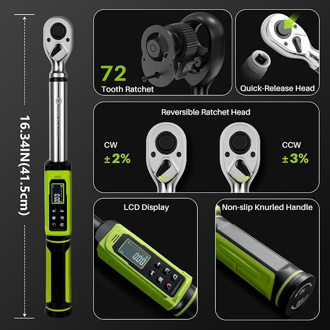 1/2" Digital Torque Wrench-2-147.5Ft.Lb for Car Motorcycle Repair | Electric Torque Wrench 1/2 Drive(3-200N.m), Vibration Buzzer LED Indicator,±2% Accuracy Five Units for Bike Tire Auto Repair