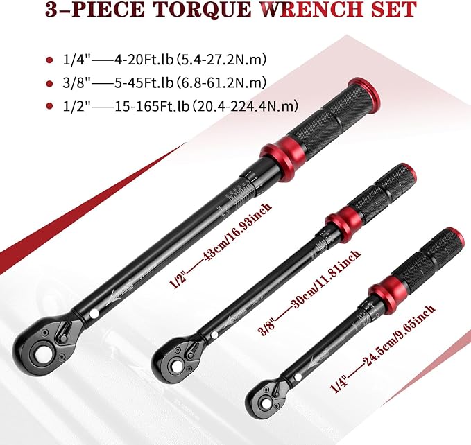 AEROFORCE 1/4 & 3/8 & 1/2-inch Drive Click Torque Wrench, 3Pcs Torque Wrench Set 4-20Ft.lb, 5-45Ft.lb, 15-165Ft.lb 72-Tooth Dual Scale for Bike, Moto, Car Repair