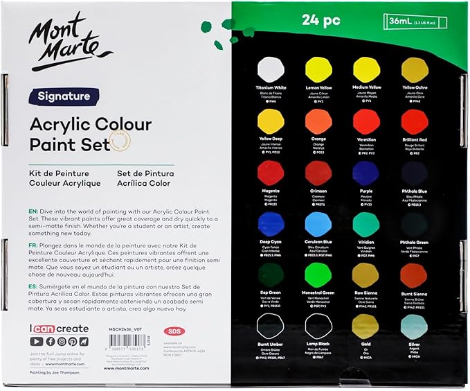 Mont Marte Acrylic Paint Set 24 Colours 36ml 2 PACK, Perfect for Canvas, Wood, Fabric, Leather, Cardboard, Paper, MDF and Crafts
