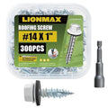 LIONMAX Metal Roofing Screws #14 × 1 Inch, 300-PCS, White Painted Hex Head Sheet Metal Screw with Rubber Washer, Sharp Point, for Roofing and Siding, Hex Socket Included