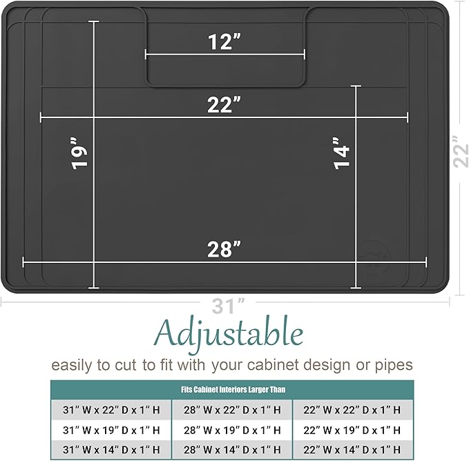 The Original Under Sink Mat - Silicone Waterproof mat, Trimmable, Easy to Clean, Kitchen cabinet liner, Under sink protector mats, Drip Tray with Lip (Dark Gray, 31" x 22")
