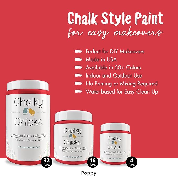 Chalky Chicks 16 Fl Oz Matte Poppy (Deep Red-Pink) Chalk Paint for Furniture Without Sanding, No Prep Furniture Paint No Sanding All in One for Crafts, Wood, Walls, Cabinet, Metal, Dresser, Farmhouse