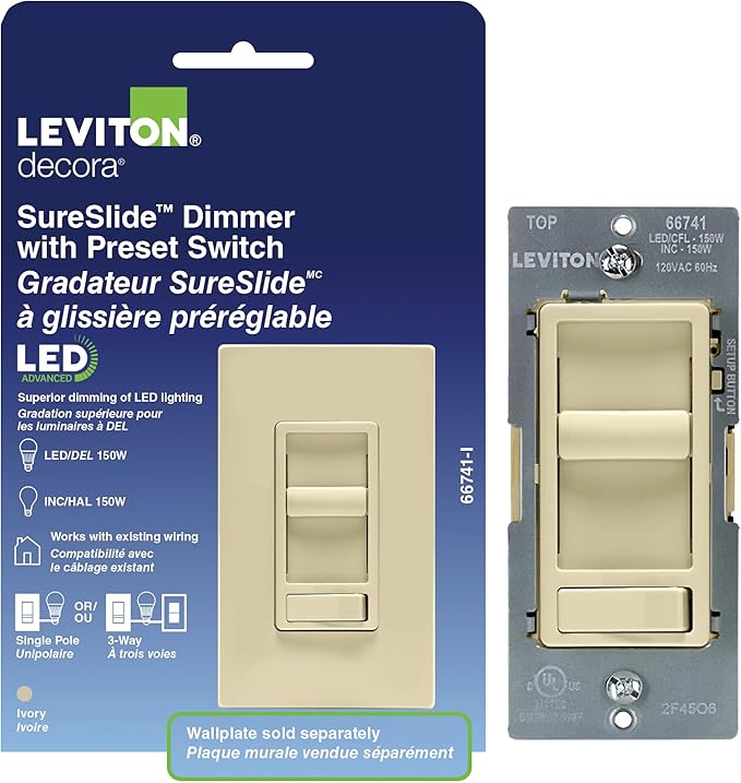 Leviton SureSlide LED Advanced Dimmer Switch for 150W Dimmable LED, Halogen and Incandescent Bulbs and Fixtures, 66741-I, Ivory