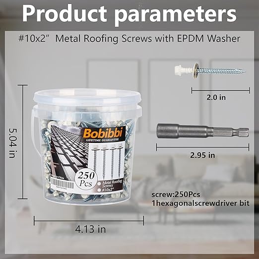 Metal Roofing Screws 10 x 2 inch, Brite White Hex Head Sheet Metal Roof Screw with EPDM Washer for Corrugated Roofing (250Pcs)