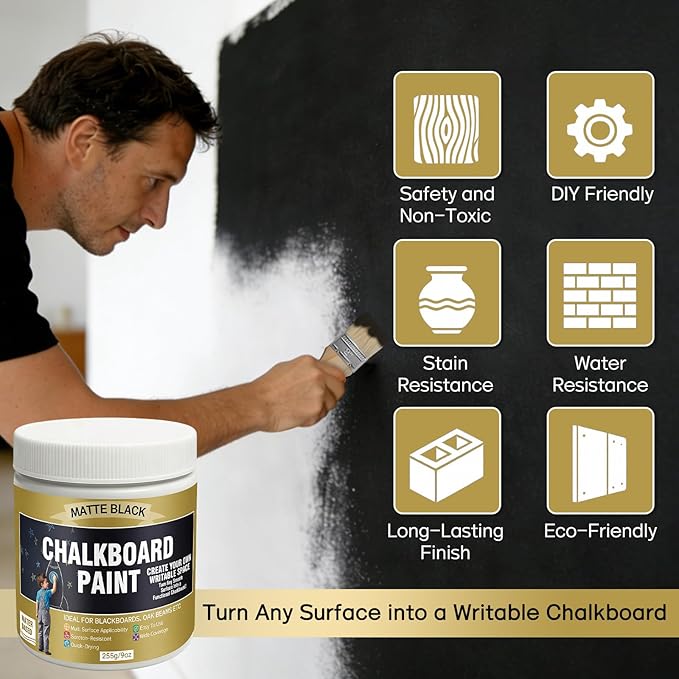 Chalkboard Paint, Black Chalk Board Paint with All-in-One Primer & Top Coat, Matte Black Non-Toxic Quick-Dry Formula for Wall, Wood, Metal and Glass, 9oz