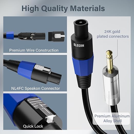 Elecan Premium Speakon to 6.35MM 1/4 Inch TS Male Speaker Cable 15 Ft/2 Pack, 12AWG Heavy-Duty High Power Amp Audio Connection Cord DJ/PA Amplifier Cable Wire with Twist Lock, 9.5mm OD, Black +Ties