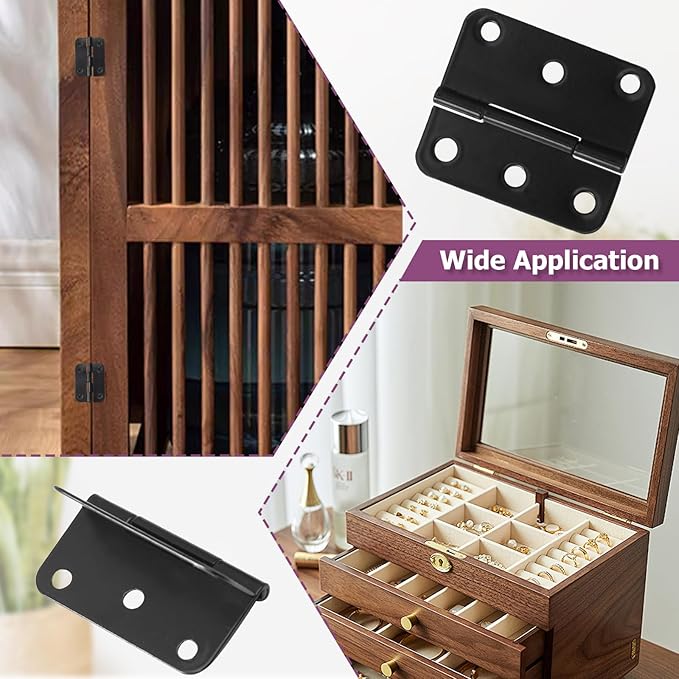 24pcs Butt Hinges Black Door Hinges, 1.5" x 1.3" Cabinet Door Hinge, Flat Folding Box Hinges for Jewelry, Wooden Box, Small Cupboard Furniture Hinges