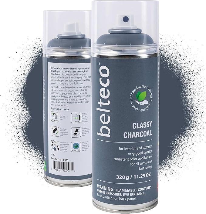 Classy Charcoal Spray Paint | Water based & Odorless | Eco-Friendly & Vegan | Weather & UV-Resistant | For all Substrates | Fast Drying with High Coverage | For Indoor/Outdoor Use