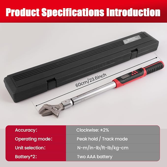 Digital HVAC Torque Wrench, 7.4-147.5 ft.lb/10-200 N.m, Crescent Head Adjustable Torque Wrench, 2% Accuracy, LED and Buzzer Alert, Professional Tool for Mini Split AC and HVAC