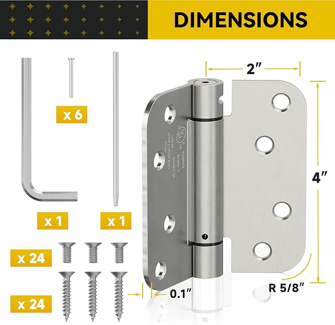 2 Pack Self Closing Door Hinges, 4 Inch Spring Loaded Door Hinges for Garage, Front, Back Door, Left/Right Hand, Adjustable Tension, 5/8'' Radius Corners, UL Listed, Brushed Nickel