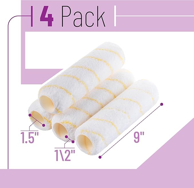 Bates- Paint Roller Covers, 9", Yellow Stripes, 4 Pack, Covers for Paint Rollers 9 Inch, 9 Inch Paint Roller Covers, Paint Roller Cover, Paint Roller Covers 9 Inch, Large Paint Roller Covers