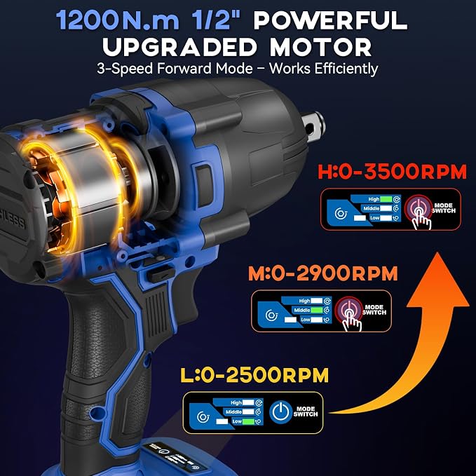 900Ft-lbs (1200N.m) Impact Wrench, 1/2" Cordless Impact Gun, 21V High Torque Brushless Impact Driver, 2x4.0Ah Batteries Electric Impact Motor Variable Speeds for Car/Pickup Truck/Mower, Blue
