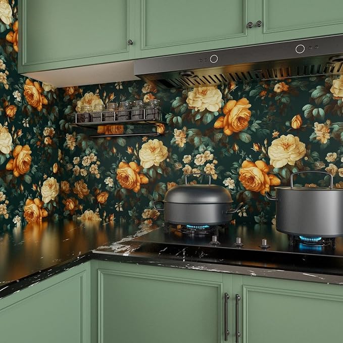 Fvlow Dark Green Glowing Floral Peel and Stick Wallpaper 17.4" x 788" | Renter Friendly, Removable & Waterproof, Vinyl Easy Install for Bedrooms, Bathrooms, Kitchens, Cabinets and Home Decor