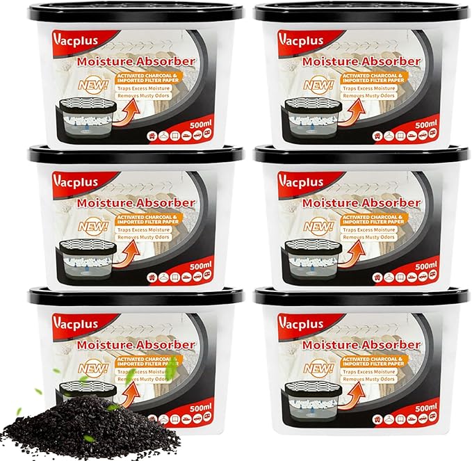 Vacplus Moisture Absorbers 6 Pack, Portable Humidity Absorber Boxes for Your Bathroom, Closet & Car, Dehumidifier with Activated Charcoal, 10.5 Oz