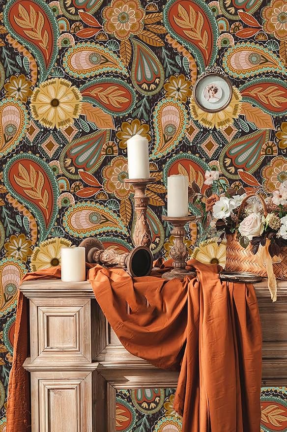 HAOKHOME Boho Peel and Stick Wallpaper Floral Paisley Brown/Yellow/Terracotta Renter Friendly Removable Wall Paper for Bedroom Decor 17.3in x 9.8ft