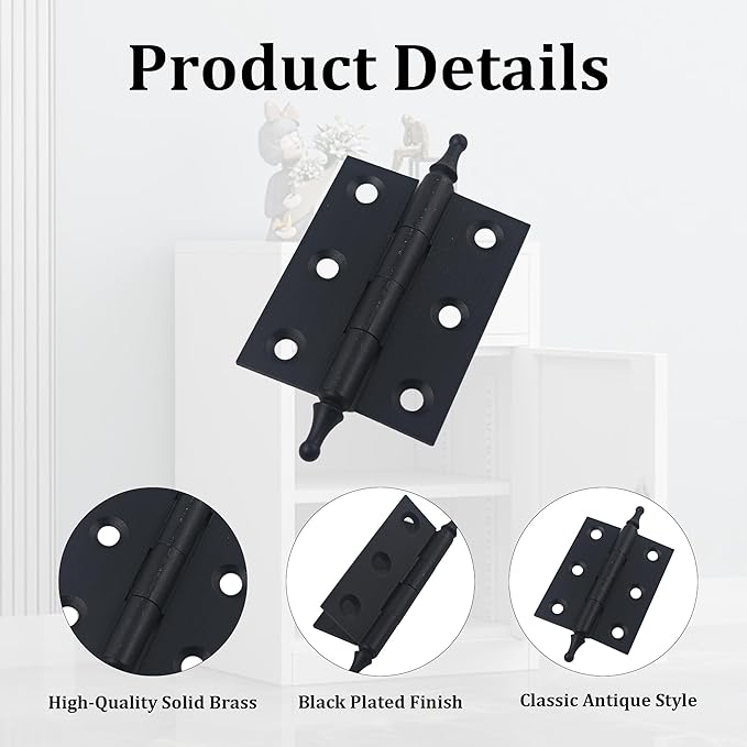 2 Inch Antique Style Solid Brass Butt Hinges with Ball Finials, Black Plated Butt Hinges with for Furniture Cabinet Drawer Door, 2PCS