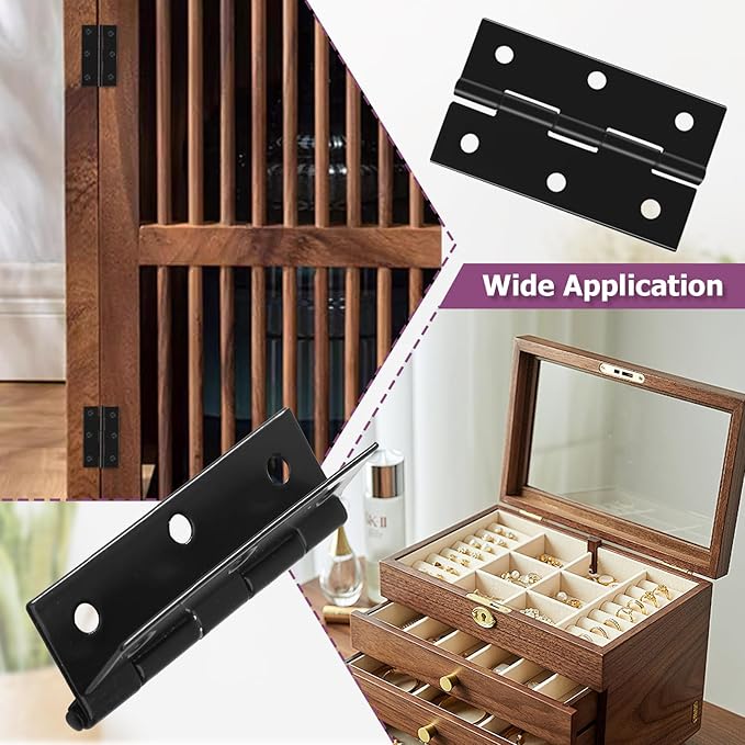12pcs Butt Hinges Black Door Hinges, 2.63" x 1.46" Cabinet Door Hinge, Flat Folding Box Hinges for Jewelry, Wooden Box, Small Cupboard Furniture Hinges