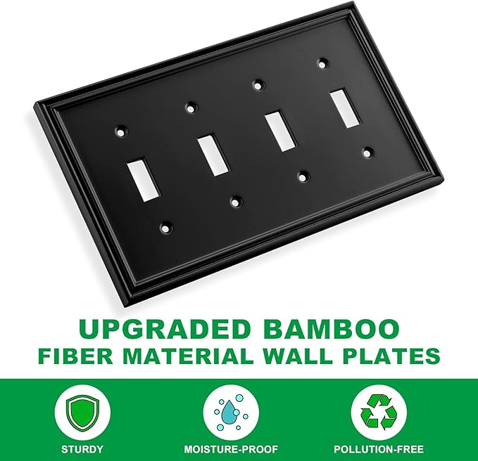 Black Modern Decorative Wall Plate Light Switch Cover Decorator Outlet Covers Rocker Switch Plates Bamboo Fiber Material Wall Plates for Kitchen Bathroom (4 Gang Quad Toggle-1 Pack)