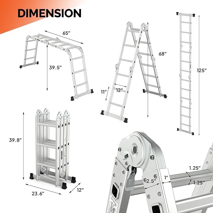 12.5 FT Folding Ladder, LUISLADDERS Multi-Purpose Ladder, Aluminium Extension Ladders 7 in 1 Heavy Duty Combination EN 131 Standard
