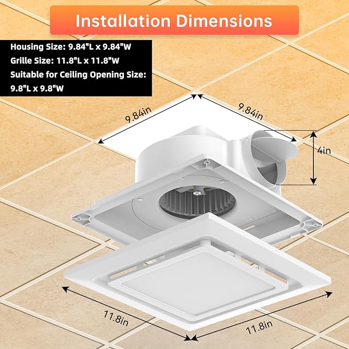 Bathroom Exhaust Fan with Light 130 CFM, Quiet 1.0 Sone, Cutout 9.8"x9.8", 12In Grille, 4In Duct, 6500K 1200Lm LED Light Bath Ceiling Vent Fan Combo for Bathroom Toilet Moisture & Odor Removal