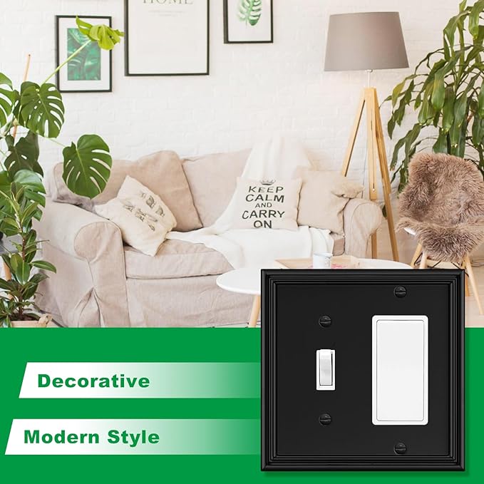 Black Modern Decorative Wall Plate Light Switch Cover Decorator Outlet Covers Rocker Switch Plates Bamboo Fiber Material Wall Plates for Kitchen Bathroom (2 Gang Toggle/Decorator-2 Pack)