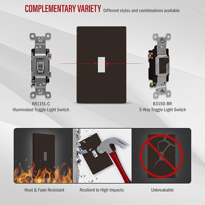 ENERLITES Screwless Toggle Switch Wall Plate, Child Safe Light Switch Cover, Standard Size 1-Gang 4.68" x 2.93", Unbreakable Polycarbonate Thermoplastic, UL Listed, SI8811-BR, Glossy, Brown