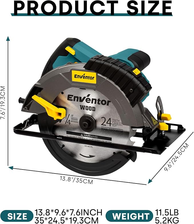 Enventor Circular Saw Corded, 14A Electric Circular Saws 7-1/4-Inch with Laser Guide, 2 Blade Saws (40T/24T), Max Cutting Depth 2-7/16"(90°), 1-13/16"(0°-45°), Single Handed Bevel, 5500RPM, Blue