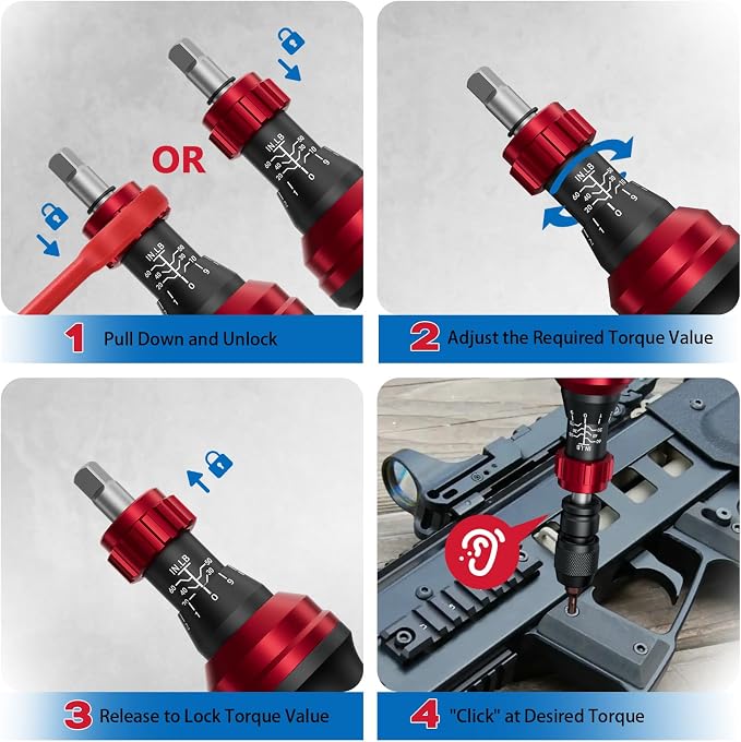 1/4" Torque Screwdriver (10-60 in-lb), 36 PCS Set for Gunsmithing | Torque Wrench Screwdriver with T-bar, Hex, Torx, and Phillips S2 Bits, for Scope and Bike Mounting, precision instruments