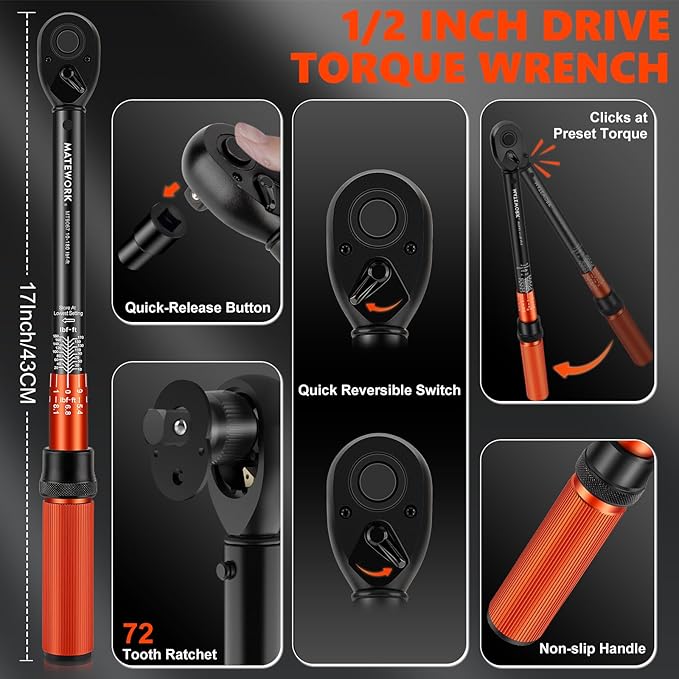 Matework 1/2 Inch Drive Click Torque Wrench, 10-180 ft.lb/13.6-244.1 Nm, ±3% High Precision Lug Nut Torque Wrench with 72 Tooth Dual-Direction for Moto, Wheel Tire and Car Repair