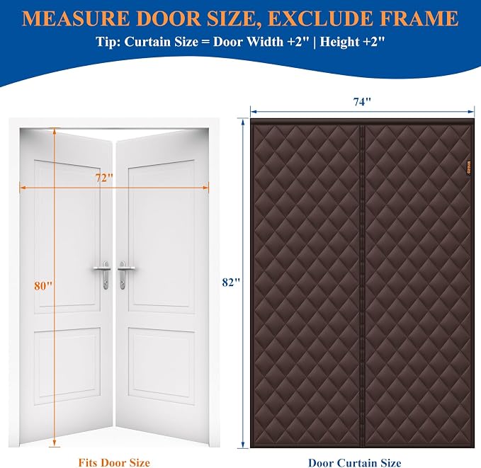 MAGZO Magnetic Thermal Insulated Door Curtain, Fits 72" x 80" Door, Brown | Curtain Size 74'' x 82'', Waterproof Oxford and Cotton, Cover Insulation Kit for Sliding Glass/Patio/French Doors/Winter