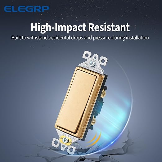 ELEGRP Matte Champagne Gold 3 Way Decorator Light Switch, 15A 120-277V, Paddle Rocker Switch Replacement, On/Off Wall Switch, Self-Grounding, Residential Grade, with Mid Wall Plate, UL/CUL, 2 Pack