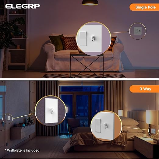 ELEGRP Digital Dimmer Switch for LED/CFL, Toggle Dimmer Switch with Decorative Frameless Design Wallplate, Single Pole/3-Way, UL Listed, 2 Pack, White