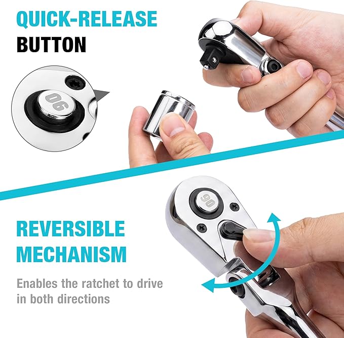 DURATECH 1/2-Inch Flex-Head Ratchet, 90-Tooth Quick-Release Ratchet Wrench | Socket Wrench with 180° Pivoting Head and 7-Position Setting, Reversible, CR-V Made, CR-MO Head, 4° Swing, Full Polished