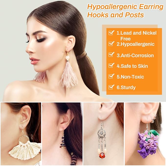 Modacraft 2000Pcs Earring Making Supplies Kit - Hypoallergenic, Includes Hooks, Findings, Posts, Backs, Pins, Jump Rings for Jewelry Making