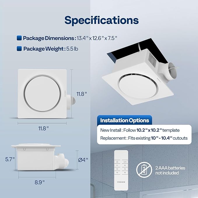 VIVOHOME AutoFlow Bathroom Exhaust Fan with Humidity Sensor (160-110-50CFM) - Energy-Saving EC Motor,10.2-inch Ceiling Retrofit Bath Fan, No Attic Access Needed(Install Kit, 4-in Duct Included)