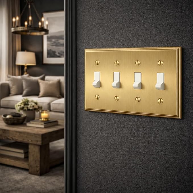 Rio Salto BRASS Deco Collection Standard Size Quad Toggle Gold Light Switch Cover Wall Plate Modern Linear Corrosion Resistant Big Wallplate Covers 4 Gang Brushed Brass Togle Switch 4-Gang (2-Pack)
